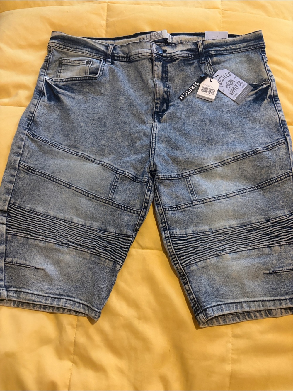 Stretch Denim Moto Shorts Acid Washed